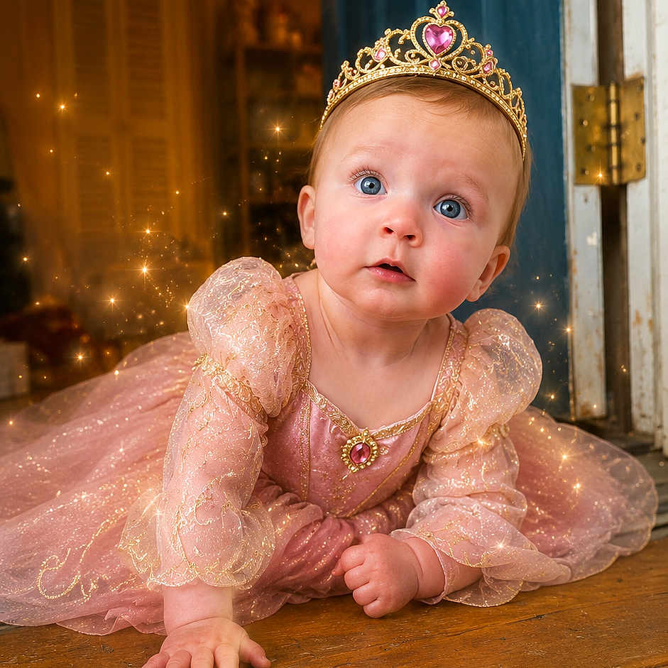Iliana is registered to the contest to win money with this photo: baby, child, princess, tiara, pink_dress, sparkles, crawling, wooden_floor, blue_door, jewelry, indoor, portrait, cute, glowing, costume, face, eyes, hand, floor, lighting