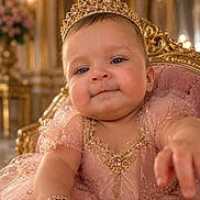 Iliana joined the competition — help win amazing prizes! baby, child, princess, tiara, dress, pink, gold, throne, royalty, luxury, portrait, indoor, cute, smiling, bracelet, fancy, childhood, happy, celebration, elegant