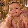 baby, child, princess, tiara, dress, pink, gold, throne, royalty, luxury, portrait, indoor, cute, smiling, bracelet, fancy, childhood, happy, celebration, elegant