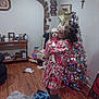Cinnamon Aka Mini joined the competition — help win amazing prizes! woman, dog, christmas_tree, indoor, holiday, decorations, robe, wood_floor, furniture, shelf, framed_photos, cozy, festive, pet, holding, affection, lighting, home, cross, blanket