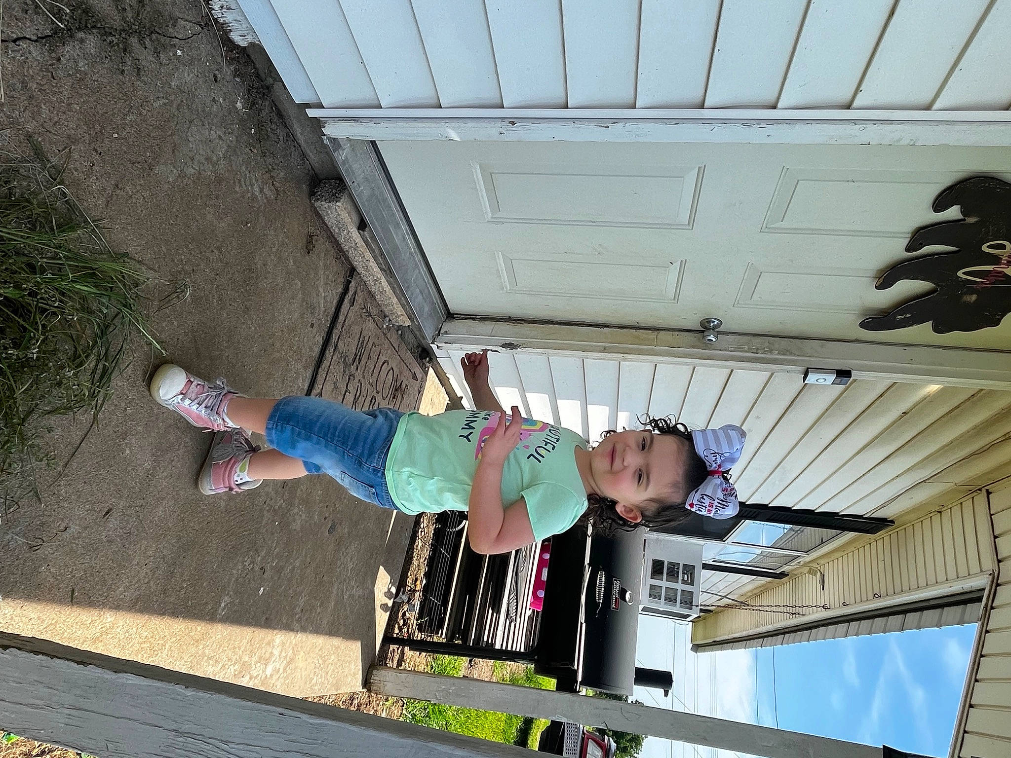 Makenzie is registered to the contest to win money with this photo: asphalt, beam, ceiling, child, composite_material, concrete, fun, joy, leisure, person, recreation, road_surface, t_shirt, toddler, walking_shoe, wood