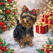 Ellie joined the competition — help win amazing prizes! dog, yorkshire_terrier, bow, christmas, holiday, snow, presents, gift, holly, berries, christmas_tree, decorations, snowflakes, festive, cute, pet, winter, celebration, red, green