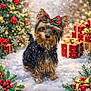 dog, yorkshire_terrier, bow, christmas, holiday, snow, presents, gift, holly, berries, christmas_tree, decorations, snowflakes, festive, cute, pet, winter, celebration, red, green