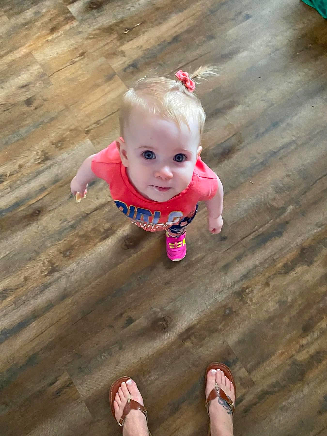 Willow joined the competition — help win amazing prizes! baby, baby_toddler_clothing, eye, finger, floor, flooring, grass, happy, head, human_body, joint, leg, people_in_nature, person, pink, red, skin, smile, standing, white