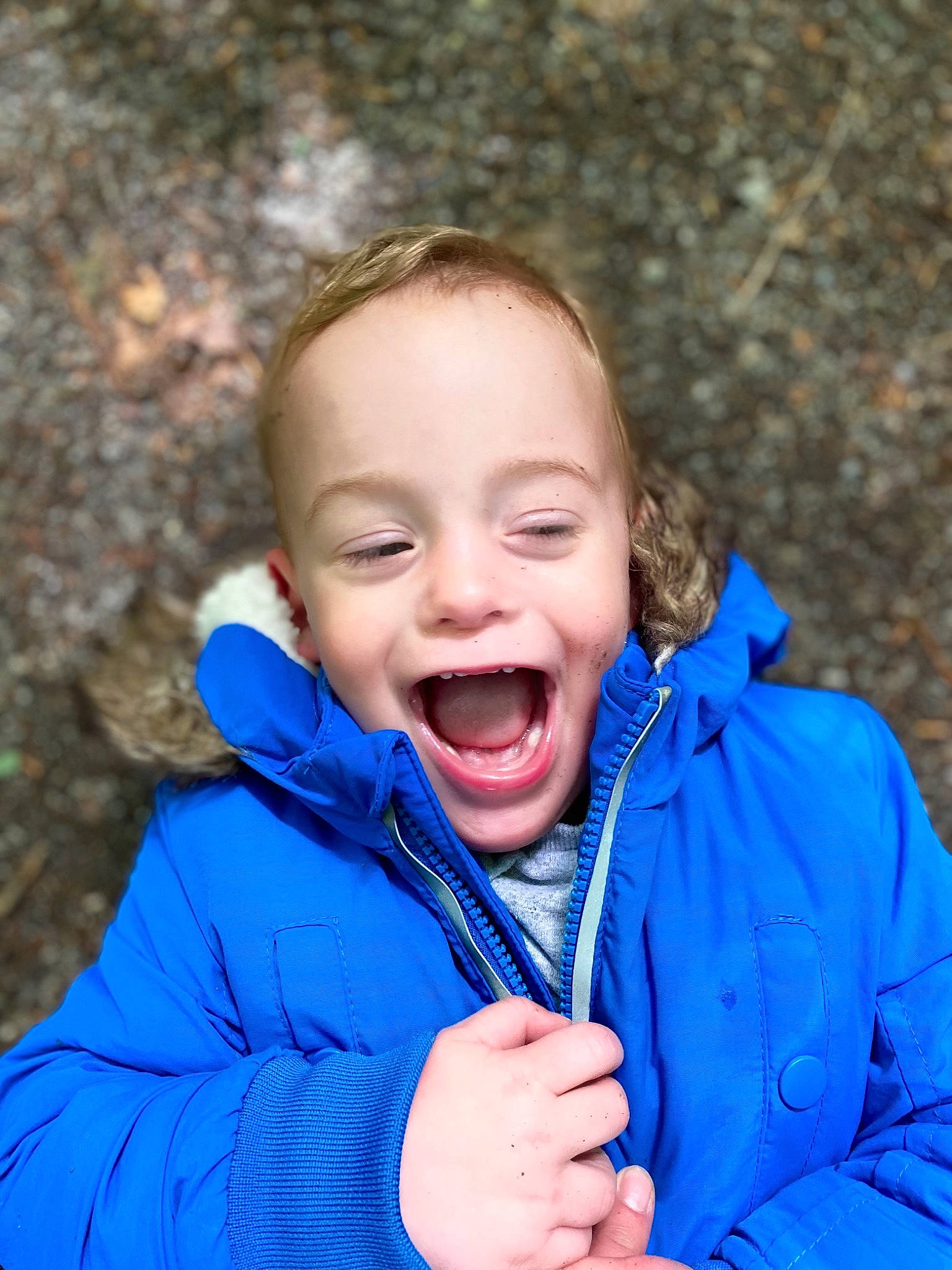 Leo is registered to the contest to win money with this photo: blue, child, electric_blue, face, facial_expression, fun, gesture, happy, laugh, mouth, nose, outerwear, person, smile, toddler, tooth