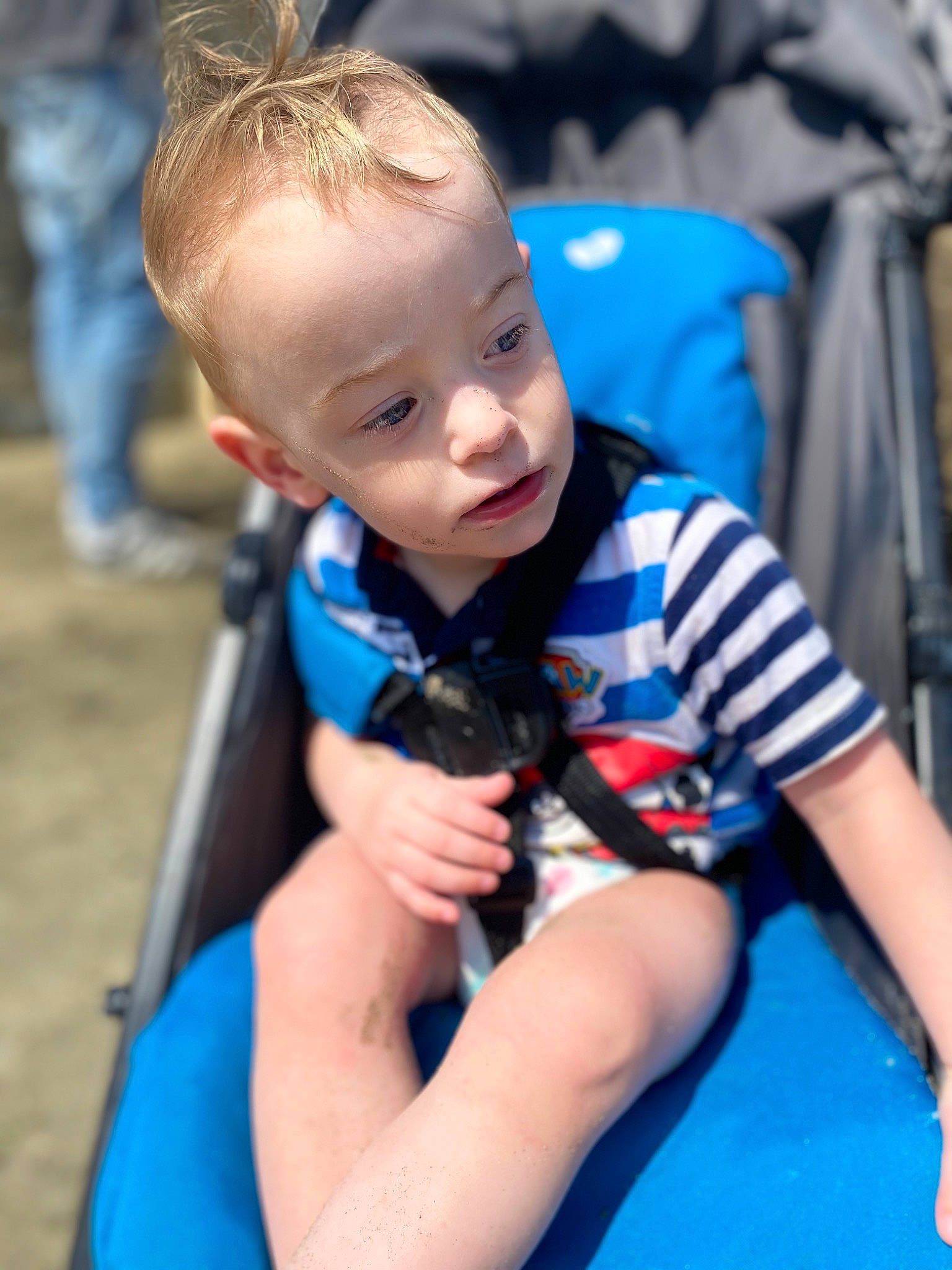 Leo is registered to the contest to win money with this photo: baby, child, cobalt_blue, electric_blue, fun, person, play, product, smile, toddler, vacation