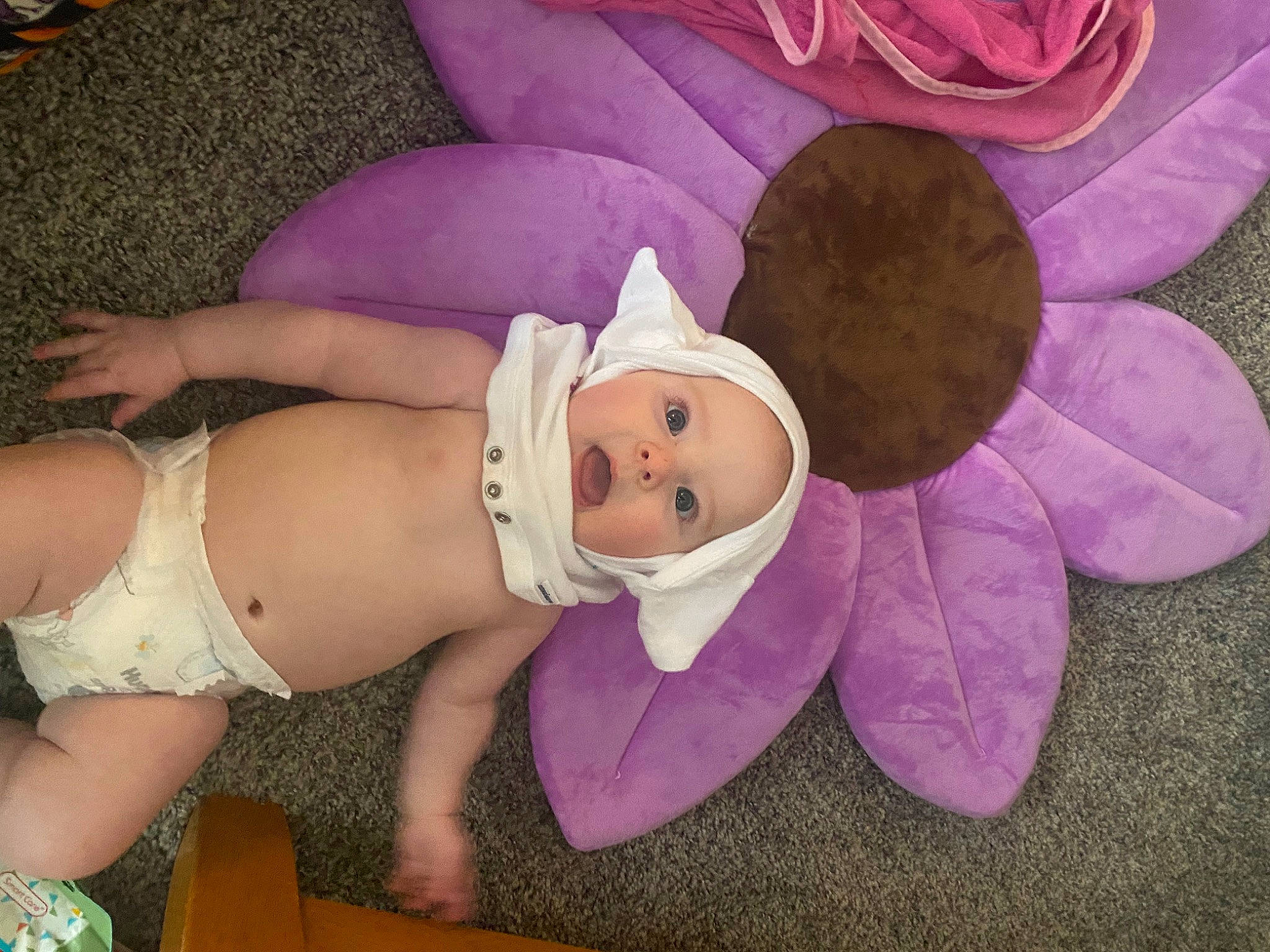 Penelope is registered to the contest to win money with this photo: abdomen, baby, baby_products, baby_toddler_clothing, child, costume_hat, fashion_accessory, hat, headgear, human_leg, lingerie_top, person, petal, pink, plush, purple, stuffed_toy, thigh, toddler, toy
