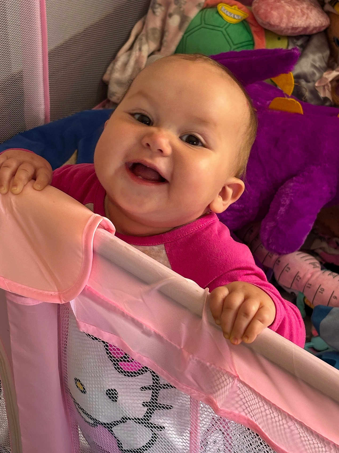 Kehlani is registered to the contest to win money with this photo: baby, child, playpen, pink_clothing, smile, happy, toys, blanket, hello_kitty, indoor, face, hand, mesh, cushion, infant, cute, portrait, colorful, furniture, person