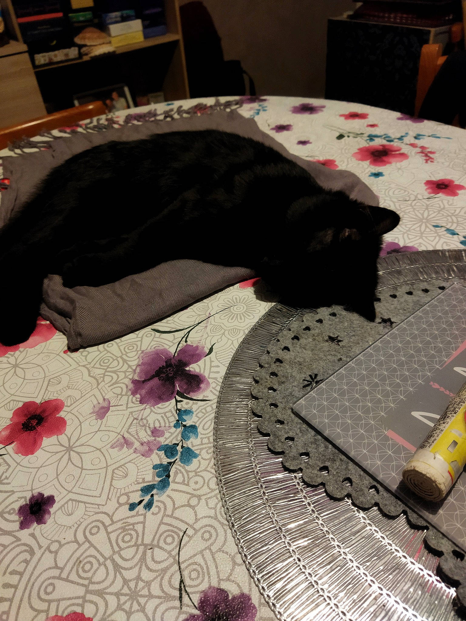 Blacky participe au concours pour gagner de l'argent avec cette photo : art, bed_sheet, black, carnivore, carpet, cat, comfort, felidae, floor, flooring, grey, hardwood, linens, pattern, plant, room, rug, small_to_medium_sized_cats, textile, wood