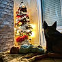 animal, baby, blanket, brick_wall, child, christmas_tree, cozy, decorations, dog, festive, floor, holiday, home, indoor, lights, pet, quiet, sleeping, tiled_floor, window