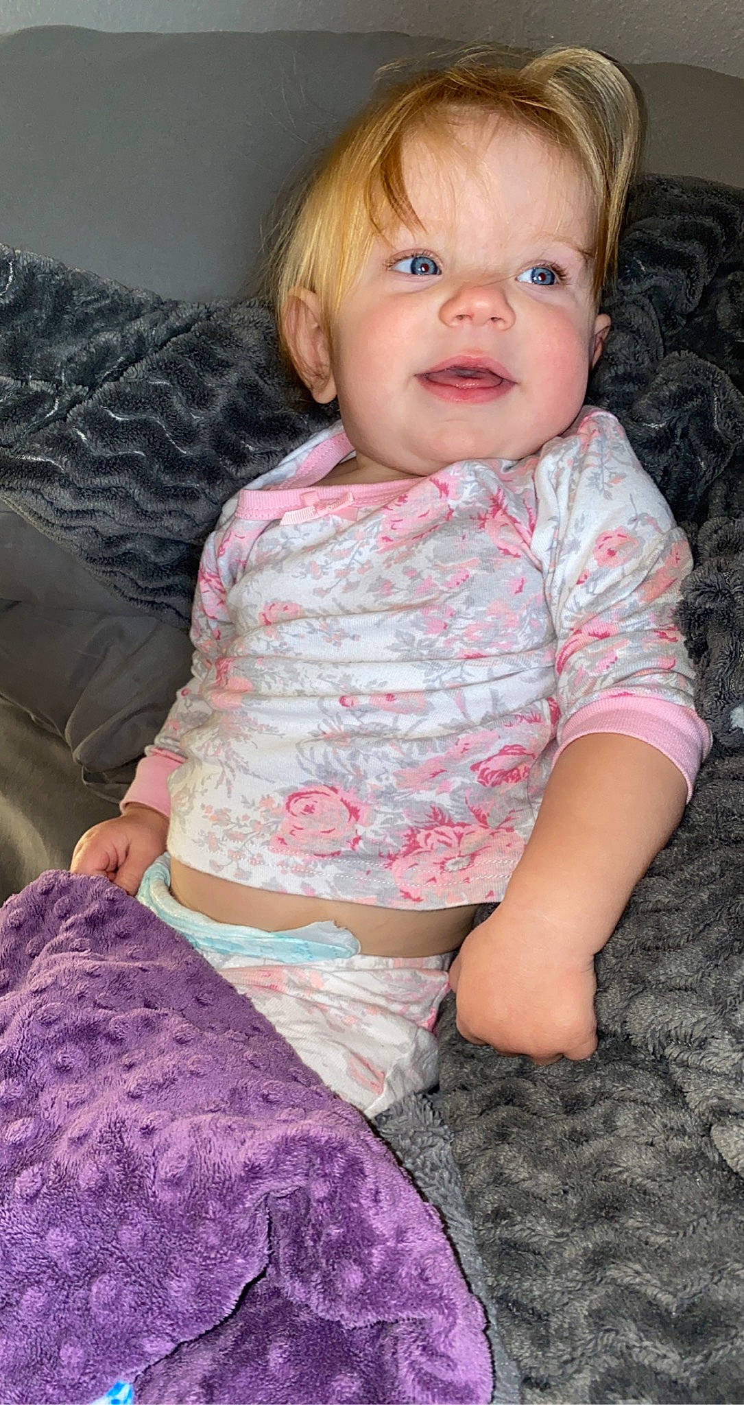 Kynzlee joined the competition — help win amazing prizes! baby, baby_toddler_clothing, blond, brown_hair, cheek, child, couch, ear, eyelash, iris, living_room, mouth, organ, person, pink, skin, sock, toddler, tongue, tooth
