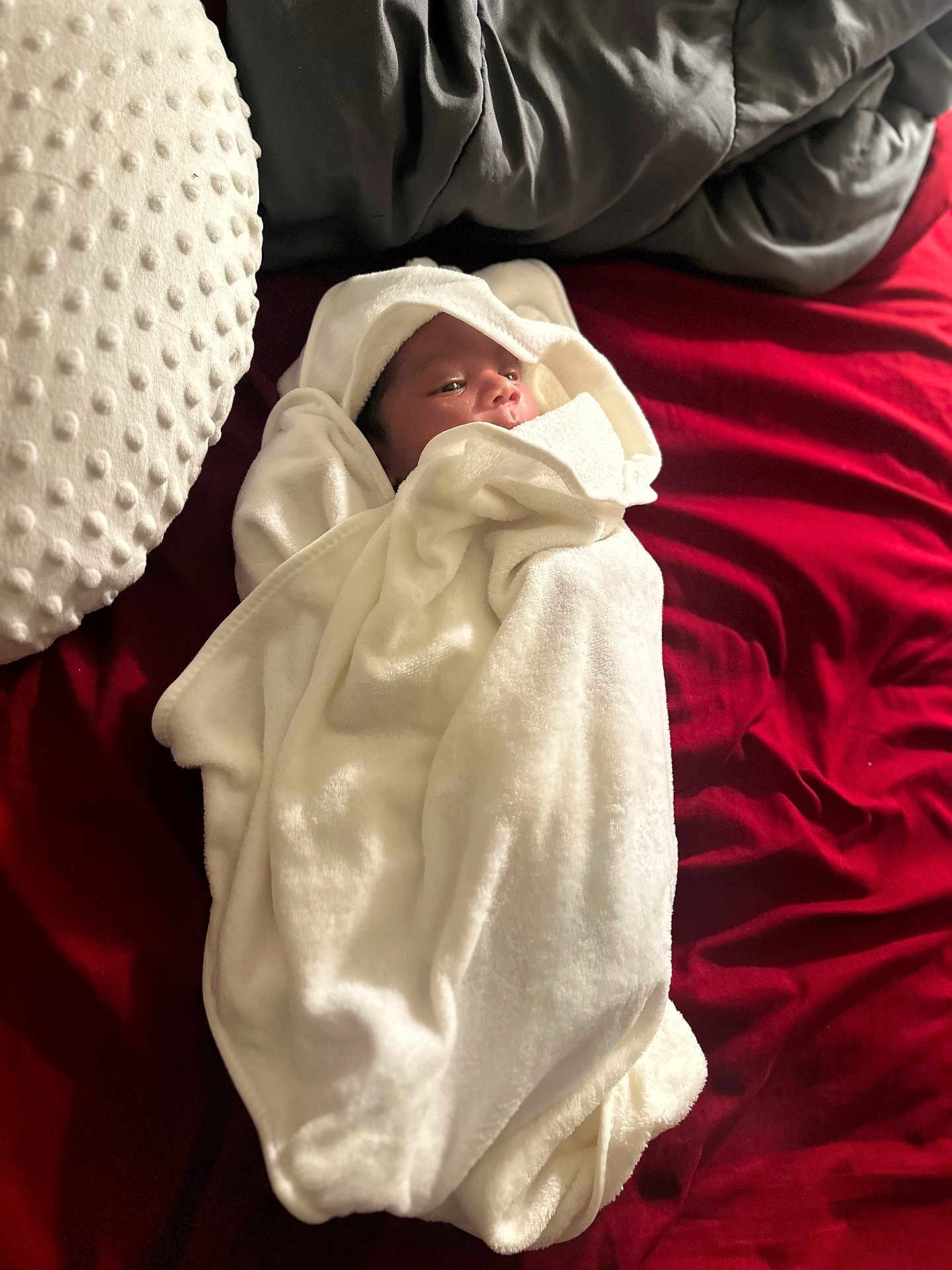 Kyantae is registered to the contest to win money with this photo: baby, blanket, bed, white_towel, pillow, red_bedspread, gray_blanket, infant, wrapped, lying_down, soft_texture, cozy, face, newborn, indoors, cute, sleepwear, resting, comfort, small