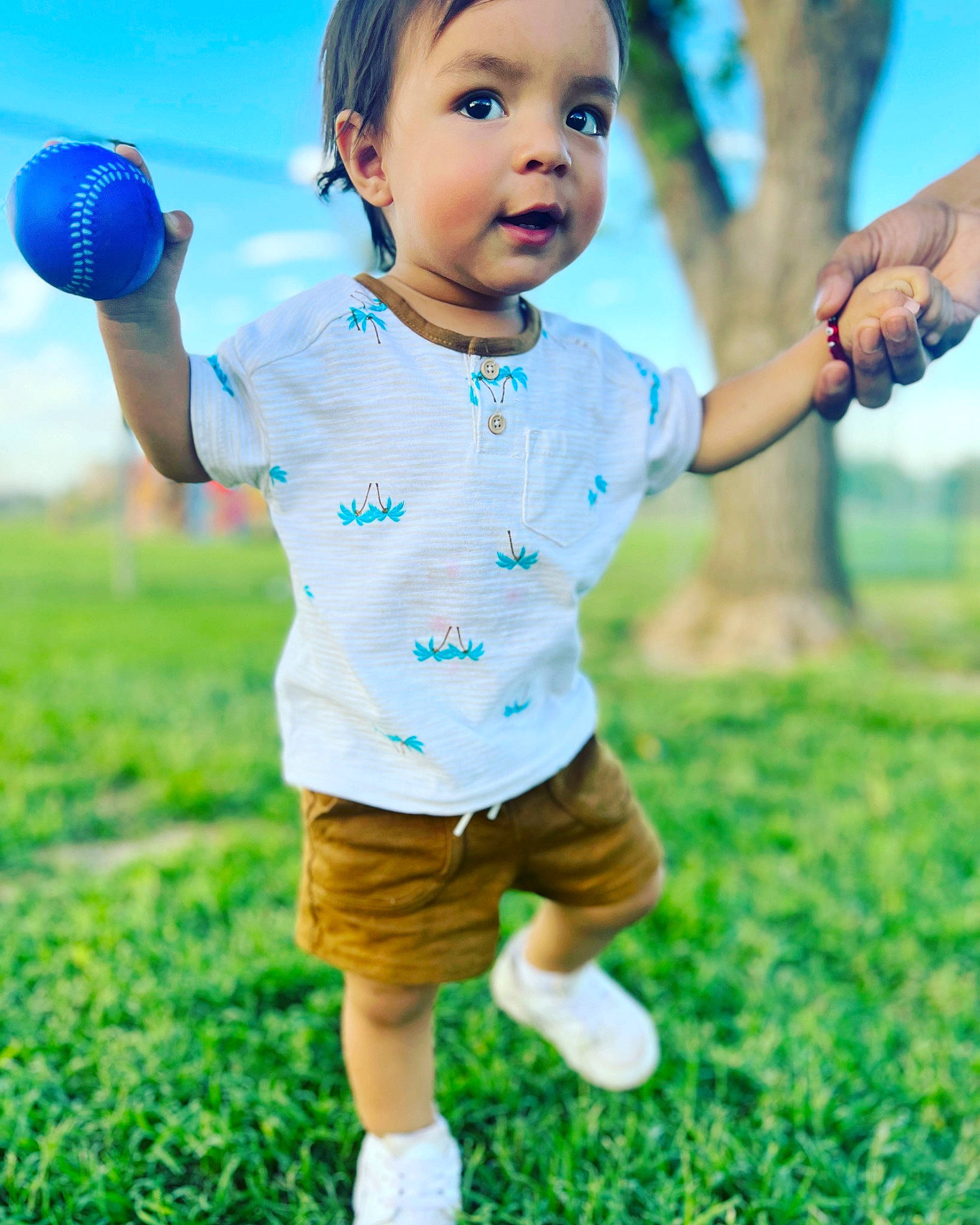 Samir is registered to the contest to win money with this photo: baby_toddler_clothing, blue, face, facial_expression, finger, flash_photography, fun, gesture, grass, green, happy, leisure, nature, people_in_nature, person, photograph, skin, sky, sleeve, standing