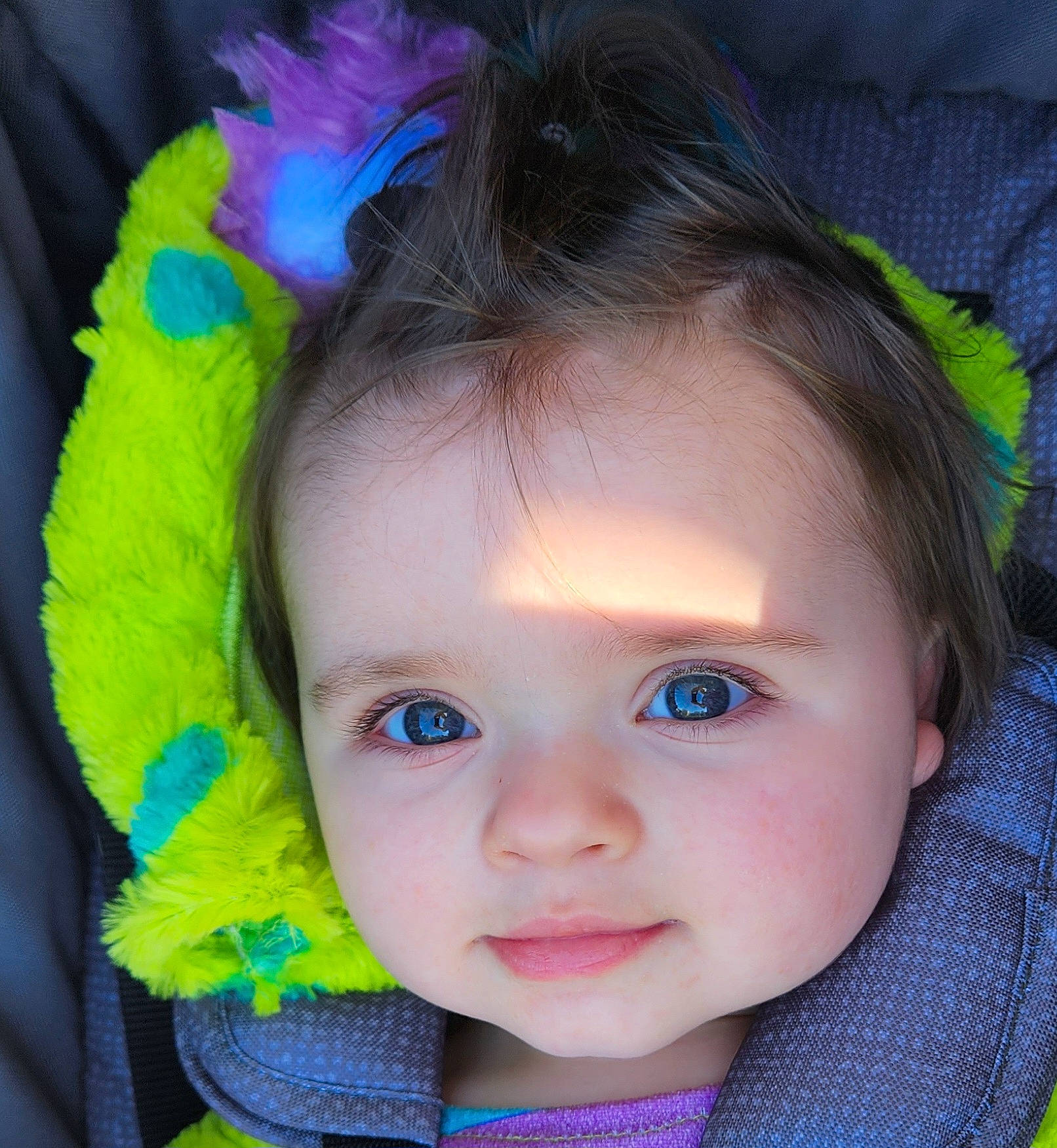 Ansley is registered to the contest to win money with this photo: azure, baby, baby_toddler_clothing, cheek, chin, ear, electric_blue, eye, eyebrow, eyelash, happy, headgear, iris, lip, natural_material, nose, organ, person, skin, toddler