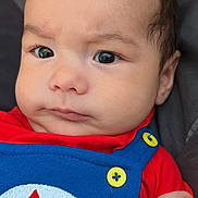 Julian is registered to the contest to win money with this photo: baby, infant, face, portrait, closeup, clothing, overalls, red_shirt, blue_overalls, yellow_buttons, skin, hand, expression, curious, indoor, child, young, cute, person, head