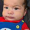 baby, infant, face, portrait, closeup, clothing, overalls, red_shirt, blue_overalls, yellow_buttons, skin, hand, expression, curious, indoor, child, young, cute, person, head