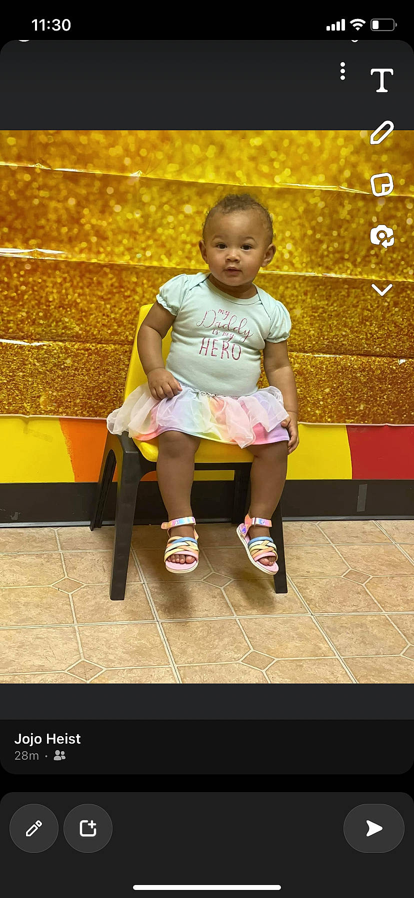 Songyae is registered to the contest to win money with this photo: baby_toddler_clothing, child, dress, flooring, foot, fun, happy, human_leg, leg, leisure, magenta, person, play, recreation, rectangle, sandal, shorts, sitting, t_shirt, toddler