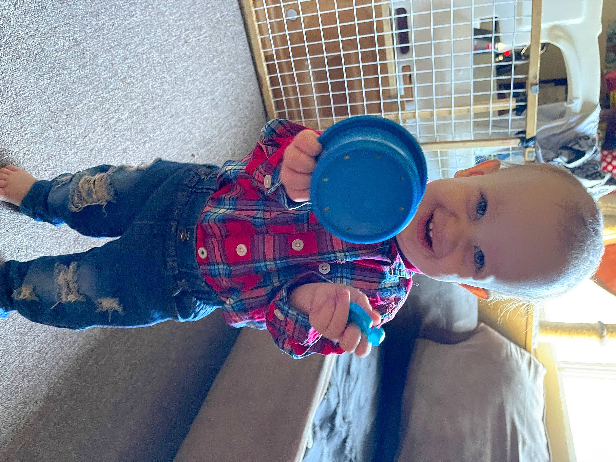 George is registered to the contest to win money with this photo: baby, baby_toddler_clothing, child, electric_blue, fun, happy, hat, joy, leisure, pattern, person, plaid, play, smile, t_shirt, toddler, toy
