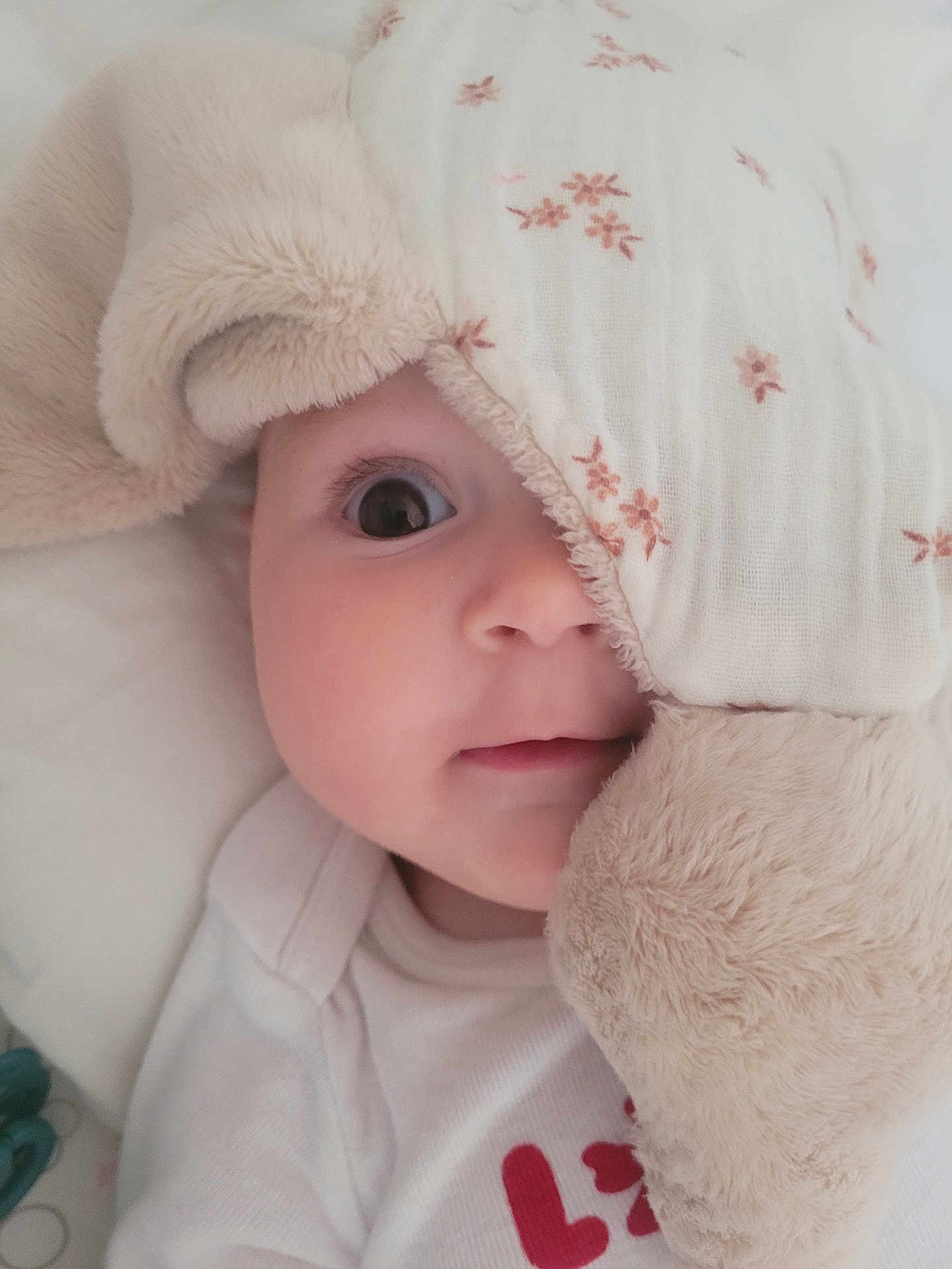 Monica participe au concours pour gagner de l'argent avec cette photo : baby, infant, face, blanket, soft, cute, child, wide_eye, peek, floral_pattern, cuddly, white_clothing, closeup, bed, comfort, adorable, sleepwear, expression, portrait, innocence