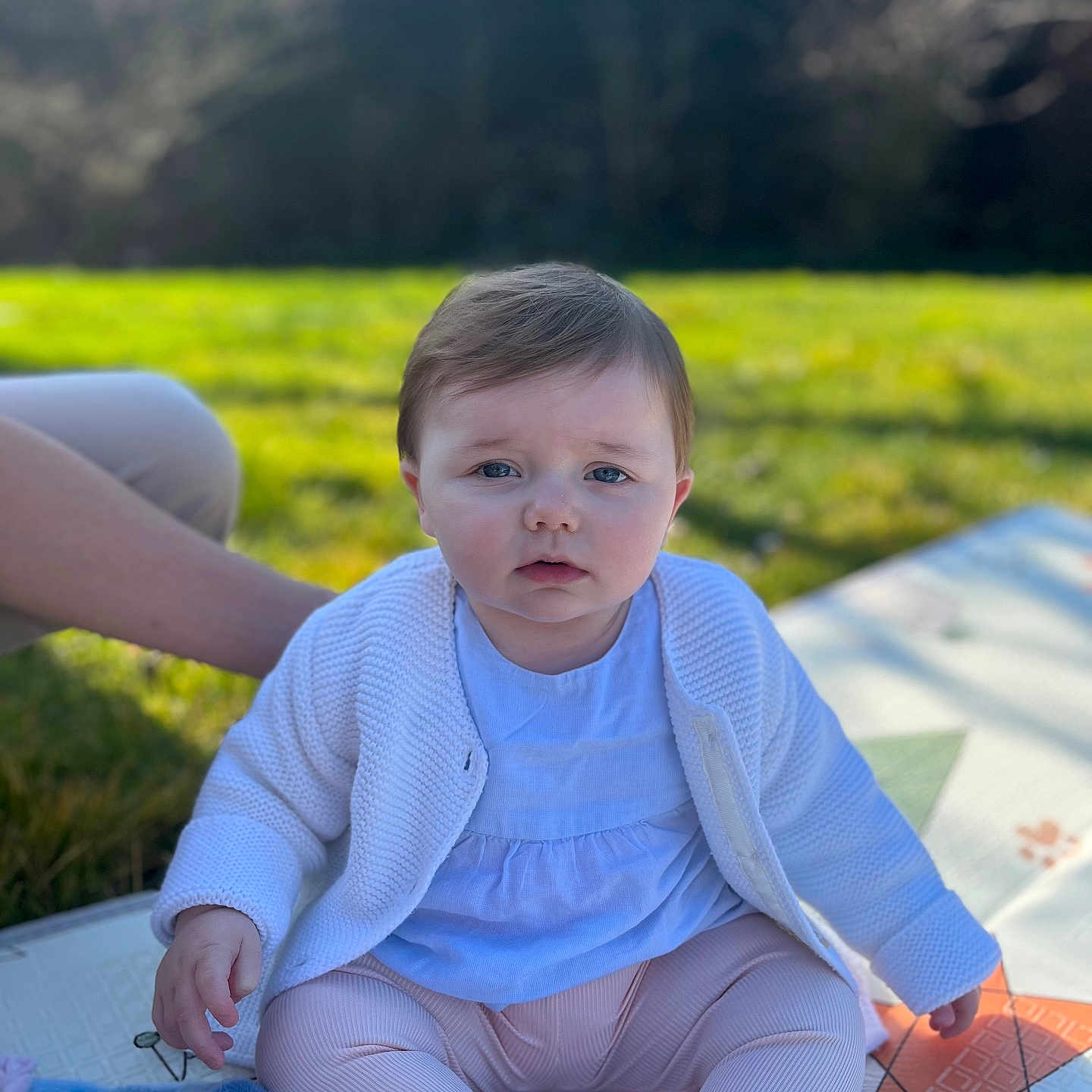 Nina participe au concours pour gagner de l'argent avec cette photo : baby, bodypart, clothing, face, finger, grass, hand, head, knitwear, lawn, longsleeve, outdoors, pants, person, photography, plant, portrait, sitting, sleeve, sweater