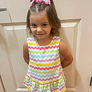 Kinley is registered to the contest to win money with this photo: casual_clothing, child, colorful, cute, door, dress, fashion, front_view, girl, hair_bow, happy, human, indoors, person, playful, portrait, smile, standing, wall, young