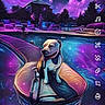 Stormy joined the competition — help win amazing prizes! backyard, collar, digital_art, dog, inflatable_float, leash, lounge_chairs, neon, night, outdoor, pet, pool, portrait, purple_lighting, sitting, stylized, summer, swimmers, swimming_pool, water