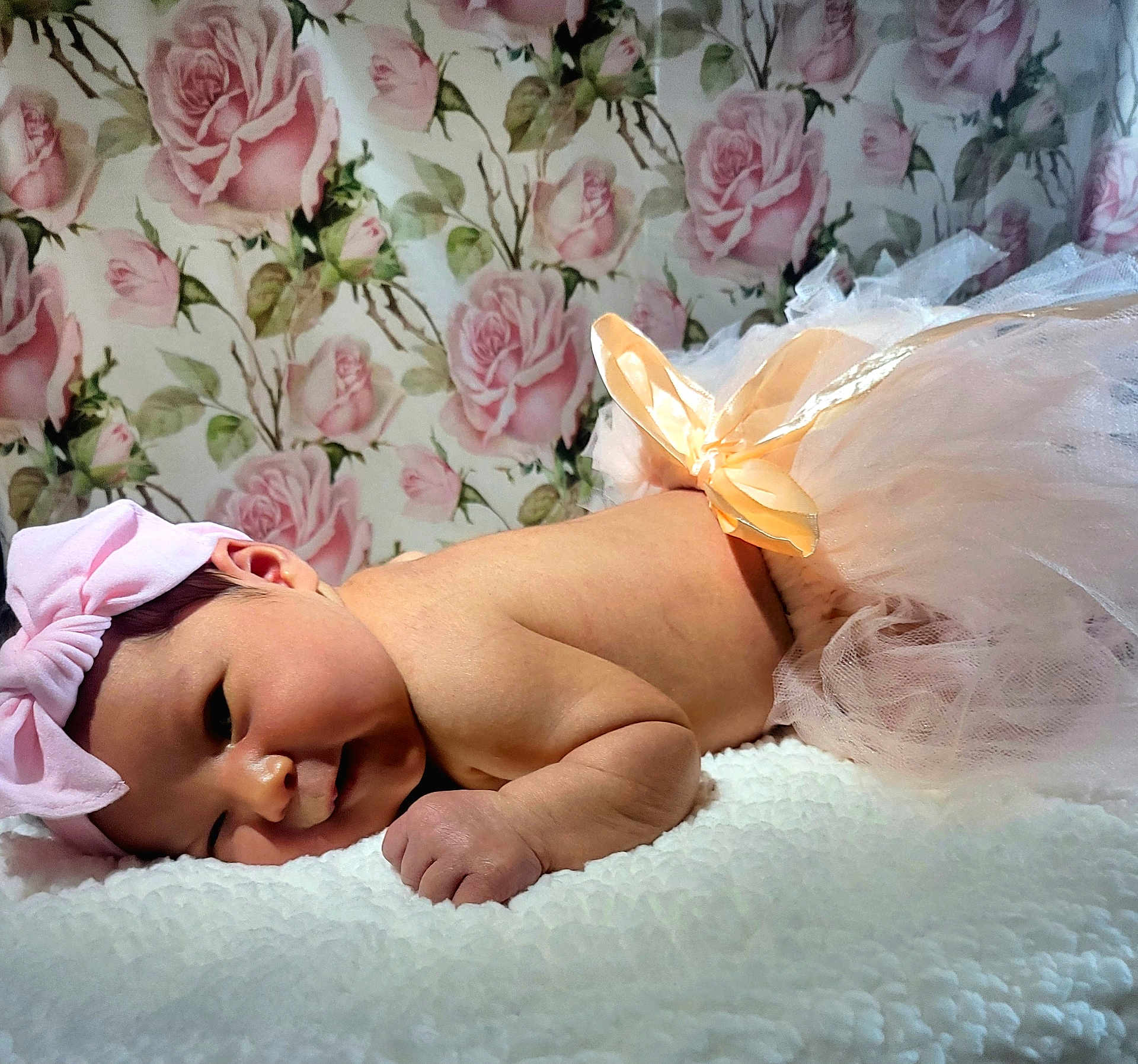 Syanna joined the competition — help win amazing prizes! baby, newborn, infant, bow, headband, tutu, ribbon, blanket, floral_wallpaper, rose_pattern, soft_texture, sleeping, cute, portrait, child, skin, pink, peach, lying_down, indoors