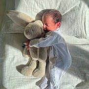Atharv is registered to the contest to win money with this photo: baby, newborn, plush_toy, bunny, cuddle, sleeping, blanket, white, soft, bed, sunlight, shadow, infant, onesie, peaceful, cozy, child, cute, resting, indoors