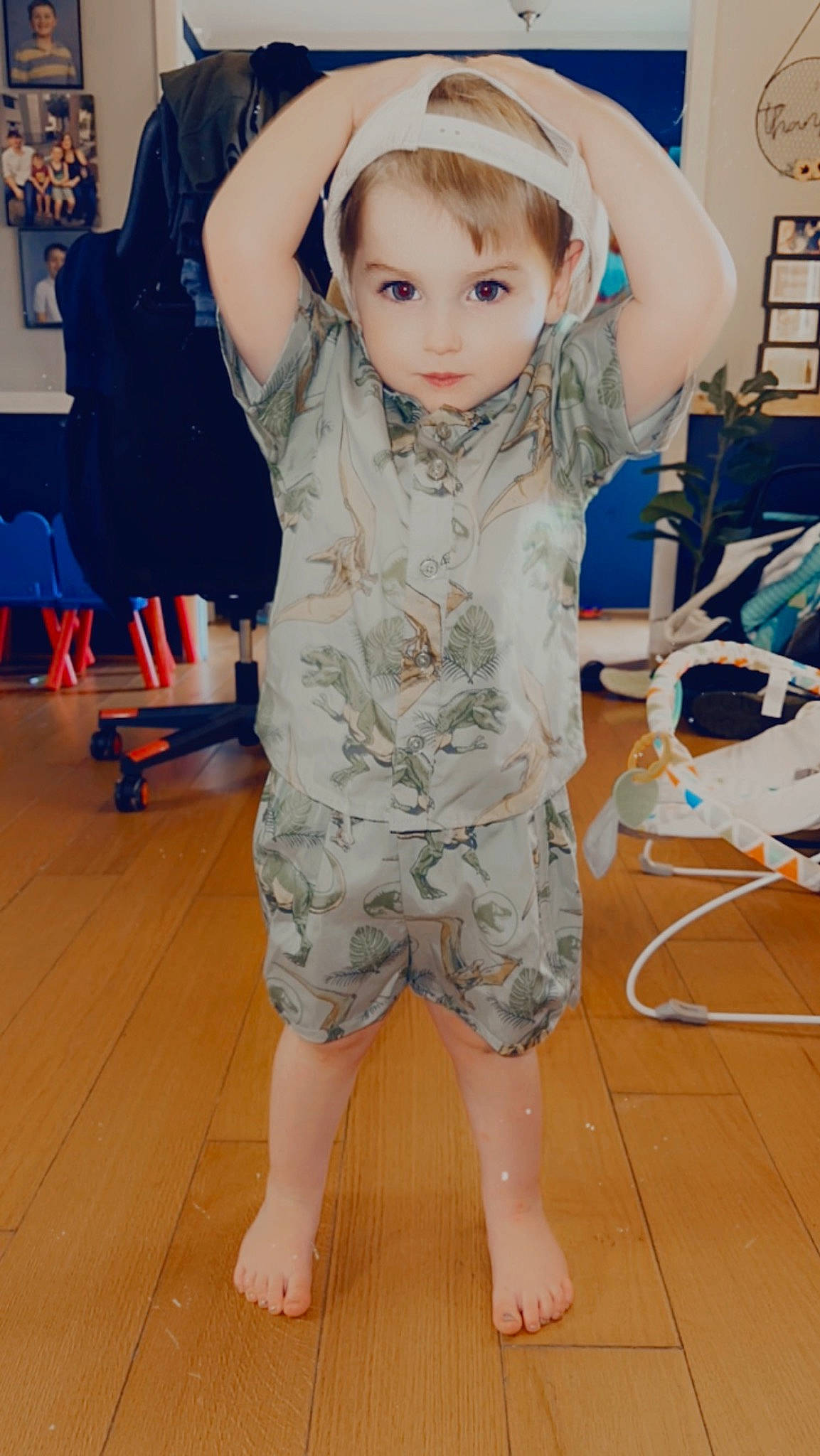 Oliver joined the competition — help win amazing prizes! baby_toddler_clothing, blue, blurred, child, fashion_design, floor, flooring, fun, hairstyle, happy, hardwood, human_leg, joint, leg, person, picture_frame, shoulder, skin, sleeve, thigh