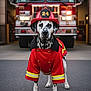 Rocky joined the competition — help win amazing prizes! dalmatian, dog, firefighter_costume, fire_truck, red_jacket, red_helmet, animal, pet, costume, uniform, outdoor, road, vehicle, emergency_vehicle, portrait, standing, black_and_white_dog, fire_station, focused, cute