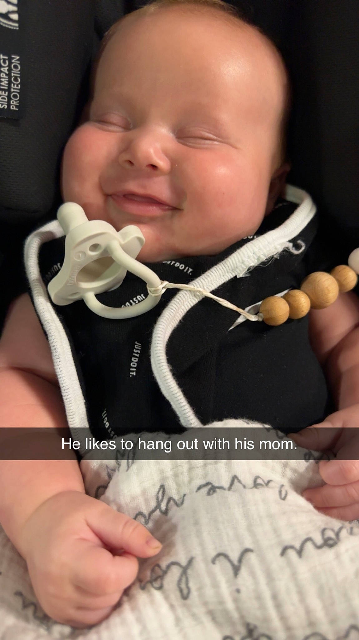 Kash is registered to the contest to win money with this photo: baby, baby_toddler_clothing, cheek, child, comfort, finger, flash_photography, font, gesture, happy, jewellery, nail, neck, person, personal_protective_equipment, photograph, sleeve, smile, sportswear, thumb