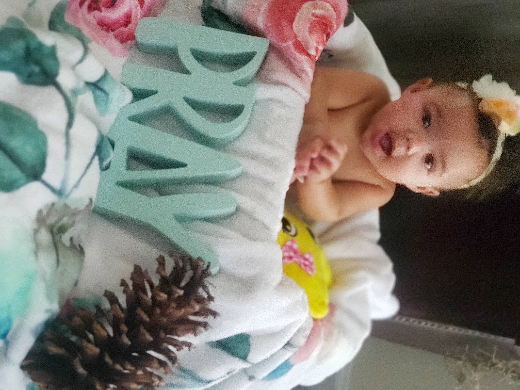 Liliana joined the competition — help win amazing prizes! baby, baby_products, baby_toddler_clothing, cake_decorating, child, fashion_accessory, green, hand, happy, headpiece, icing, leaf, pattern, person, petal, pink, product, sugar_cake, surprise, textile