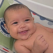Eleia is registered to the contest to win money with this photo: baby, smile, face, skin, hand, bath, water, bubble, child, infant, happy, cute, young, seat, toy, cheek, head, arm, playful, expression