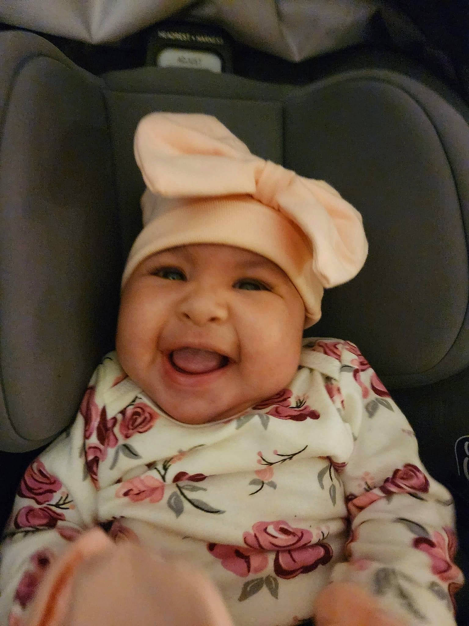 Rosalie joined the competition — help win amazing prizes! auto_part, baby, baby_in_car_seat, baby_laughing, baby_toddler_clothing, car_seat, cheek, child, comfort, face, family_car, fun, happy, head, headwear, laugh, luxury_vehicle, peach, person, smile