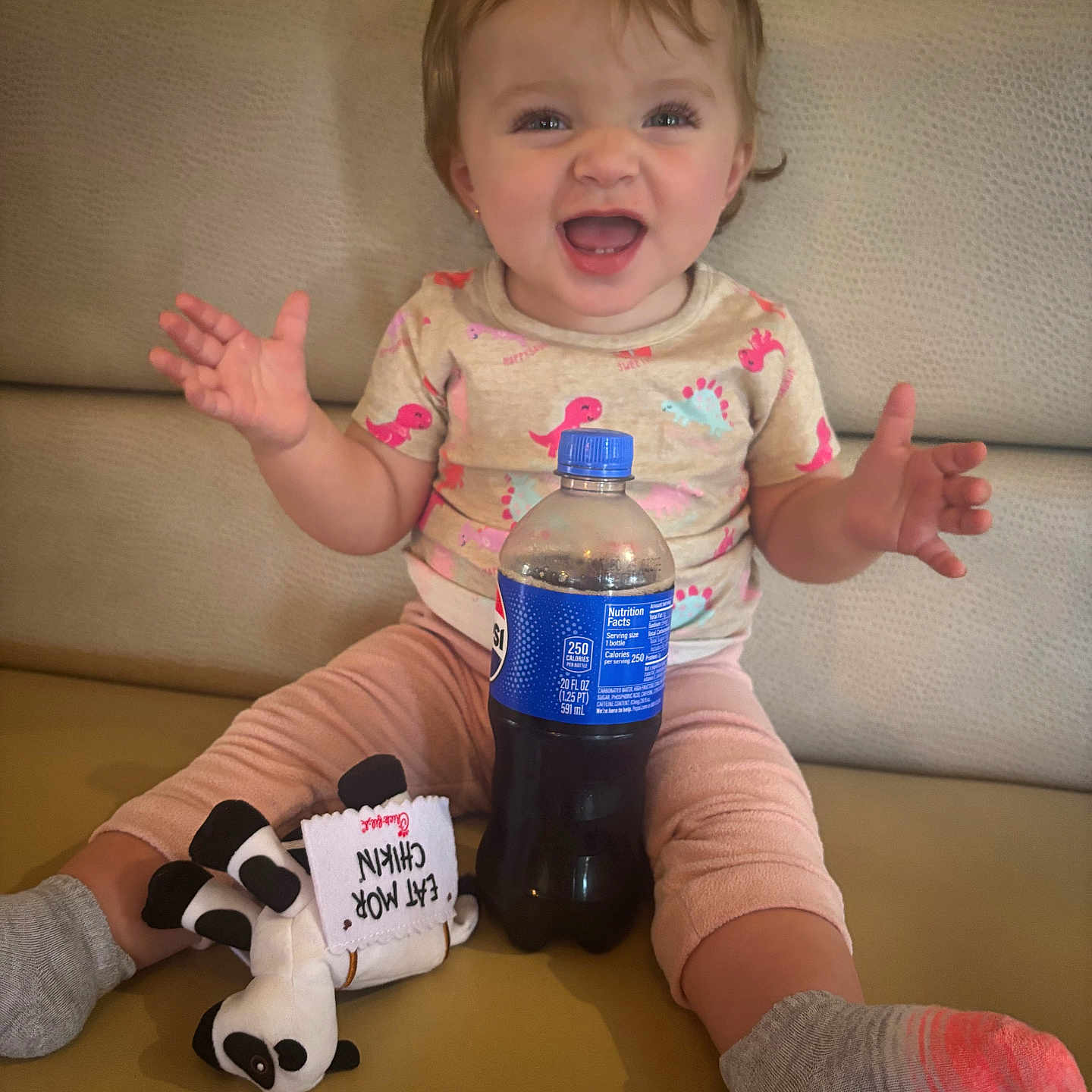 Sofia is registered to the contest to win money with this photo: toddler, child, smiling, dinosaur_shirt, socks, plush_toy, cow_toy, soda_bottle, bench, cushion, happy, indoor, baby, hands_up, casual_clothing, dried_flowers, cute, person, portrait, playful