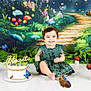 toddler, child, cake, birthday, dress, smile, mushroom, butterfly, greenery, forest_backdrop, celebration, happy, sitting, headband, party, fairytale, cake_smash, decorations, indoor, photography