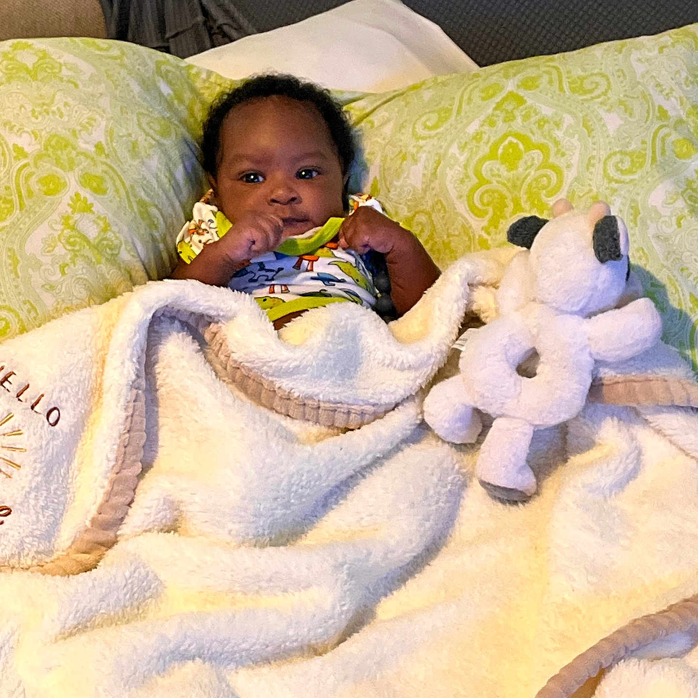 Tyshan joined the competition — help win amazing prizes! baby, blanket, pillow, plush_toy, child, indoor, portrait, cute, infant, cozy, bed, smiling, furniture, person, soft, patterned, clothing, relaxing, young_child, comfort