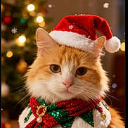 Nouna participe au concours pour gagner de l'argent avec cette photo : bokeh, cat, christmas_scarf, christmas_tree, cute, decorations, festive, fluffy, holiday, indoor, lights, orange_cat, ornaments, pet, portrait, santa_hat, seasonal, snowflake, warm_lighting, white_cat