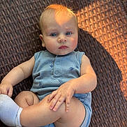 Bowen joined the competition — help win amazing prizes! baby, child, infant, blue_onesie, white_socks, woven_surface, sunlight, shadow, skin, face, hand, leg, foot, portrait, outdoor, serious_expression, human, cute, one_person, sitting