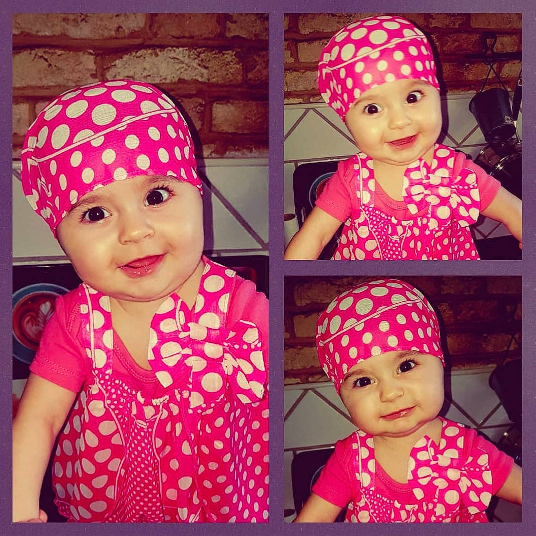 Klea participe au concours pour gagner de l'argent avec cette photo : art, beanie, bonnet, cap, child, clothing, crochet, design, fashion_accessory, hair_accessory, head, headgear, headwear, joy, knit_cap, magenta, pattern, person, pink, polka_dot