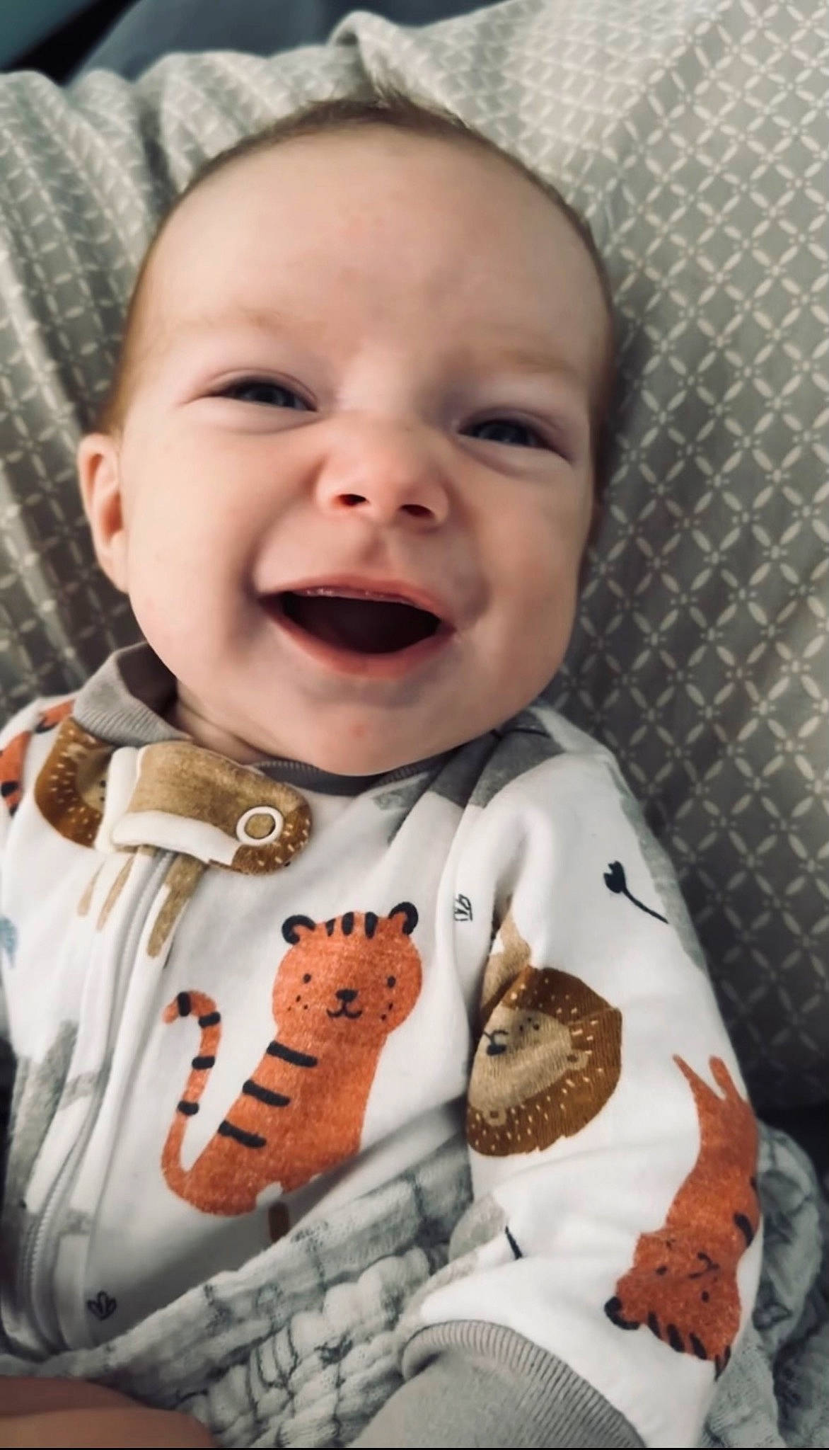Kathryn is registered to the contest to win money with this photo: baby, baby_laughing, baby_products, baby_toddler_clothing, cheek, child, collar, dress, happy, lip, nose, outerwear, pattern, peach, person, product, skin, sleeve, smile, textile