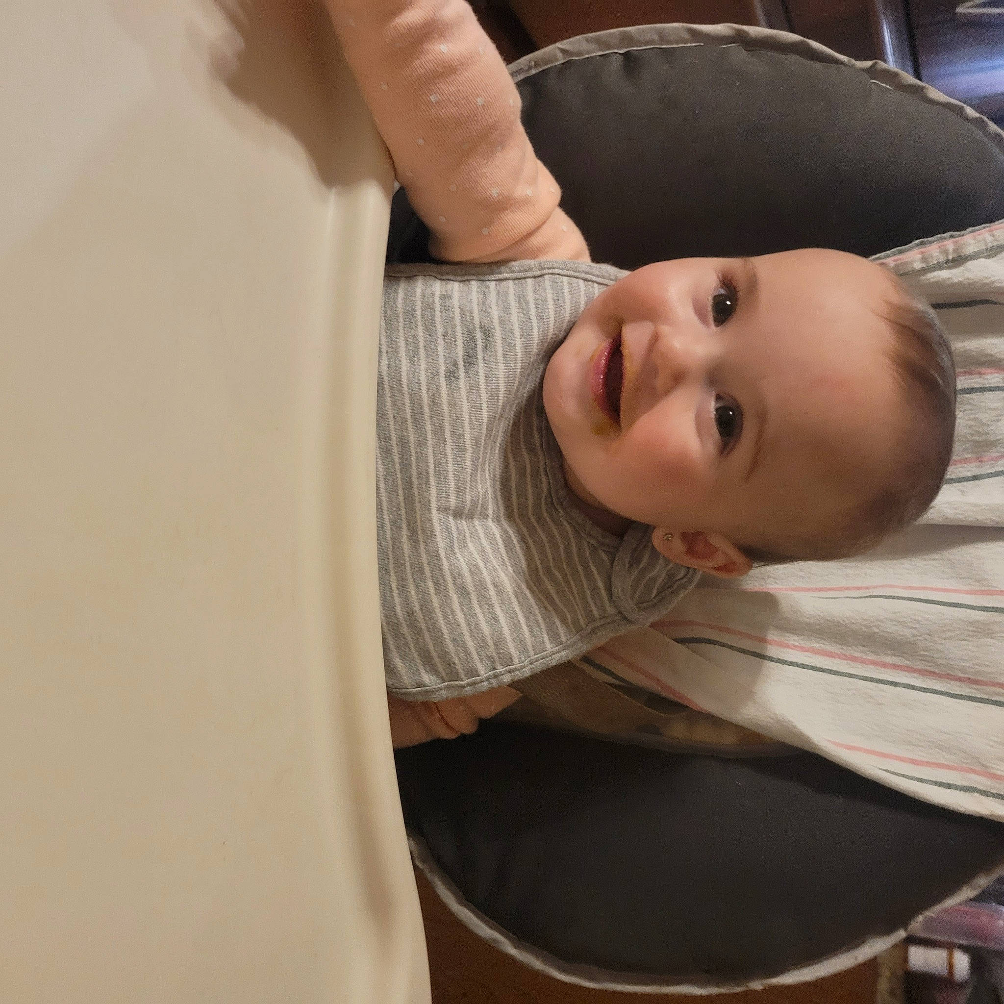 Kinsley joined the competition — help win amazing prizes! baby, baby_products, baby_toddler_clothing, chair, child, comfort, elbow, eyelash, fashion_accessory, finger, gesture, hand, happy, iris, lip, nail, person, sleeve, smile, thumb