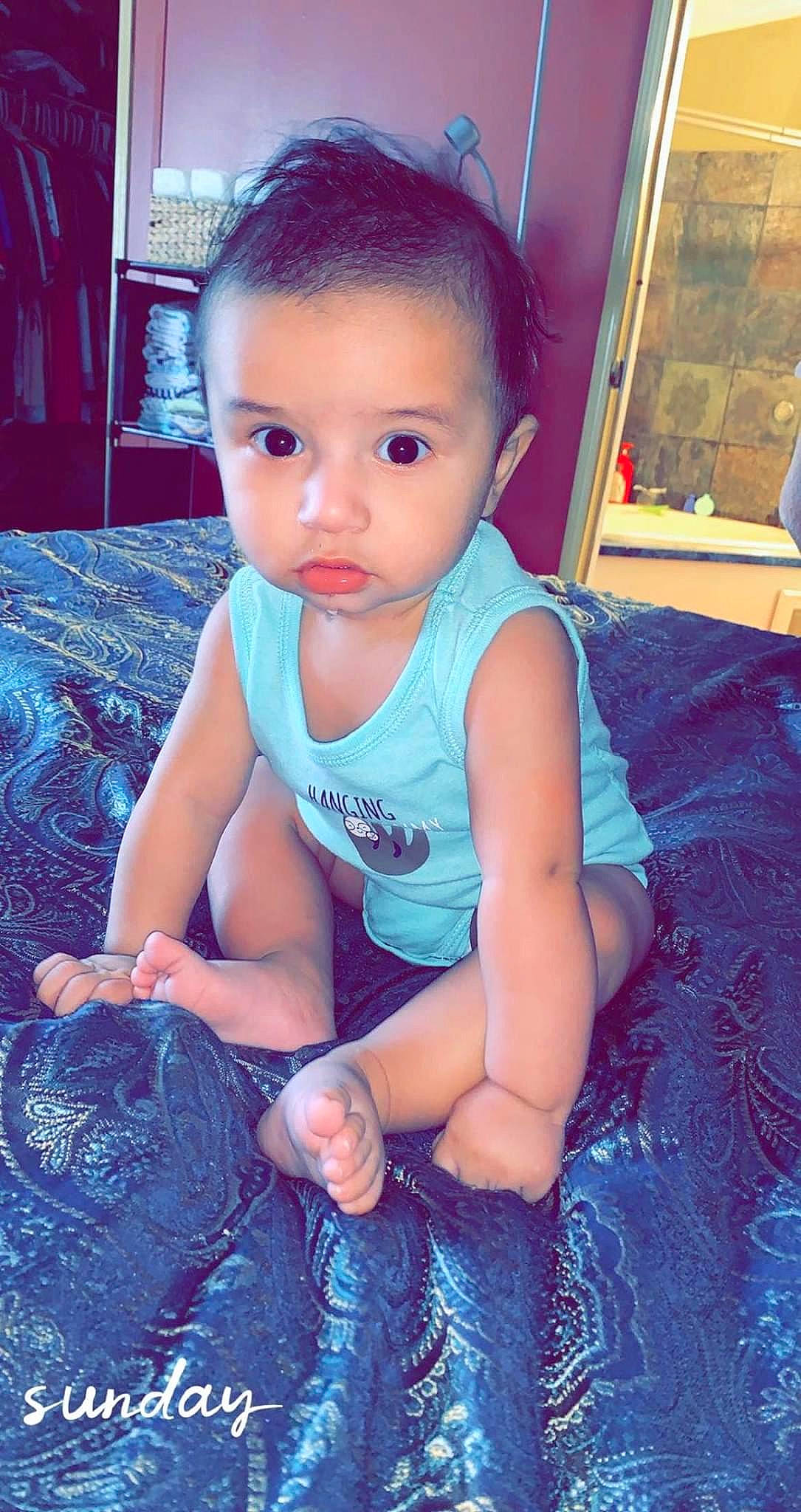 Joaquin joined the competition — help win amazing prizes! baby, baby_toddler_clothing, blue, cheek, cool, electric_blue, eye, face, flooring, fun, happy, head, iris, mouth, person, sitting, skin, sleeve, t_shirt, thigh