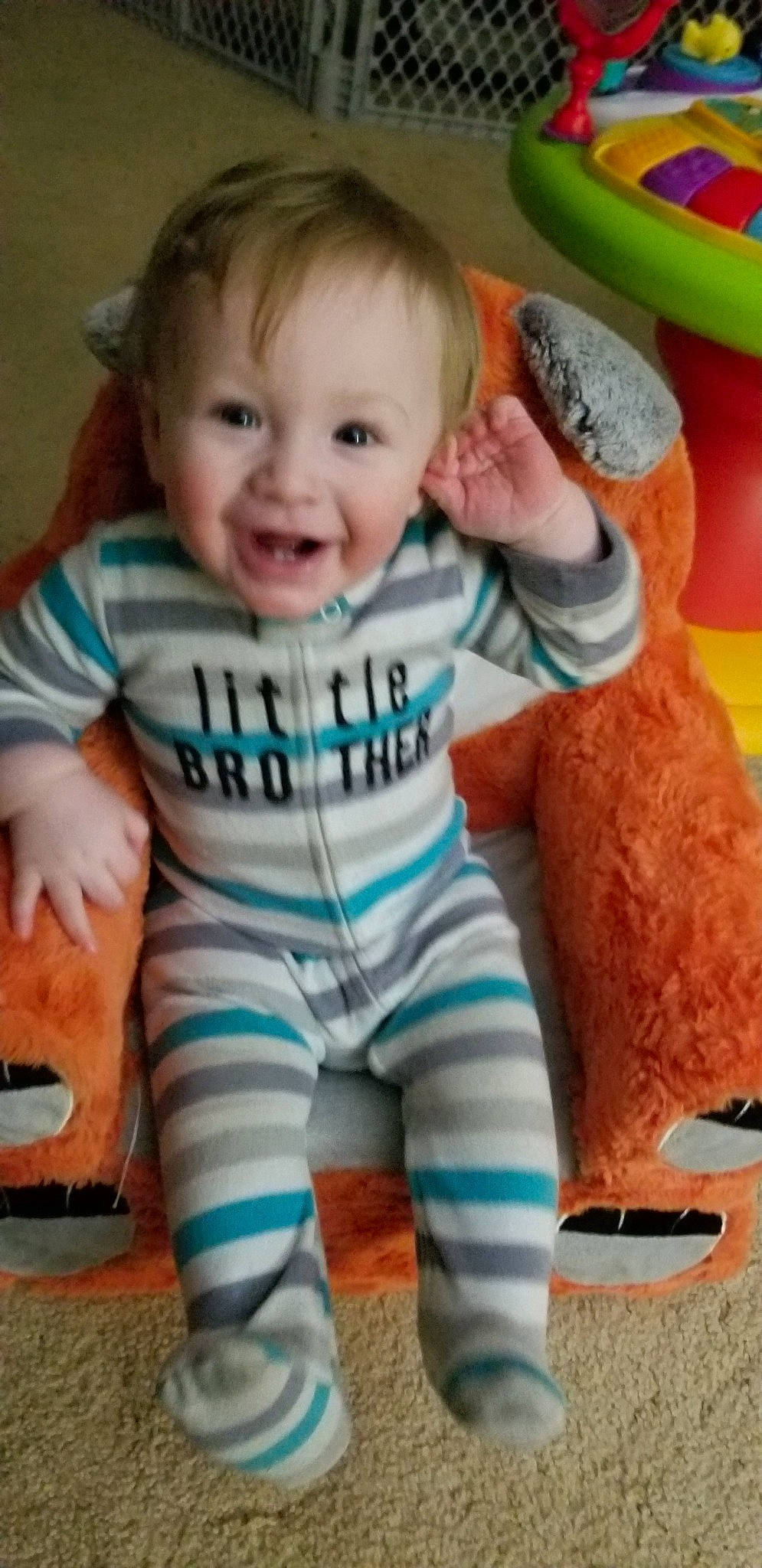 Bane joined the competition — help win amazing prizes! baby, baby_laughing, baby_toddler_clothing, cheek, child, facial_expression, joy, nose, person, play, product, sleeve, smile, toddler, tummy_time