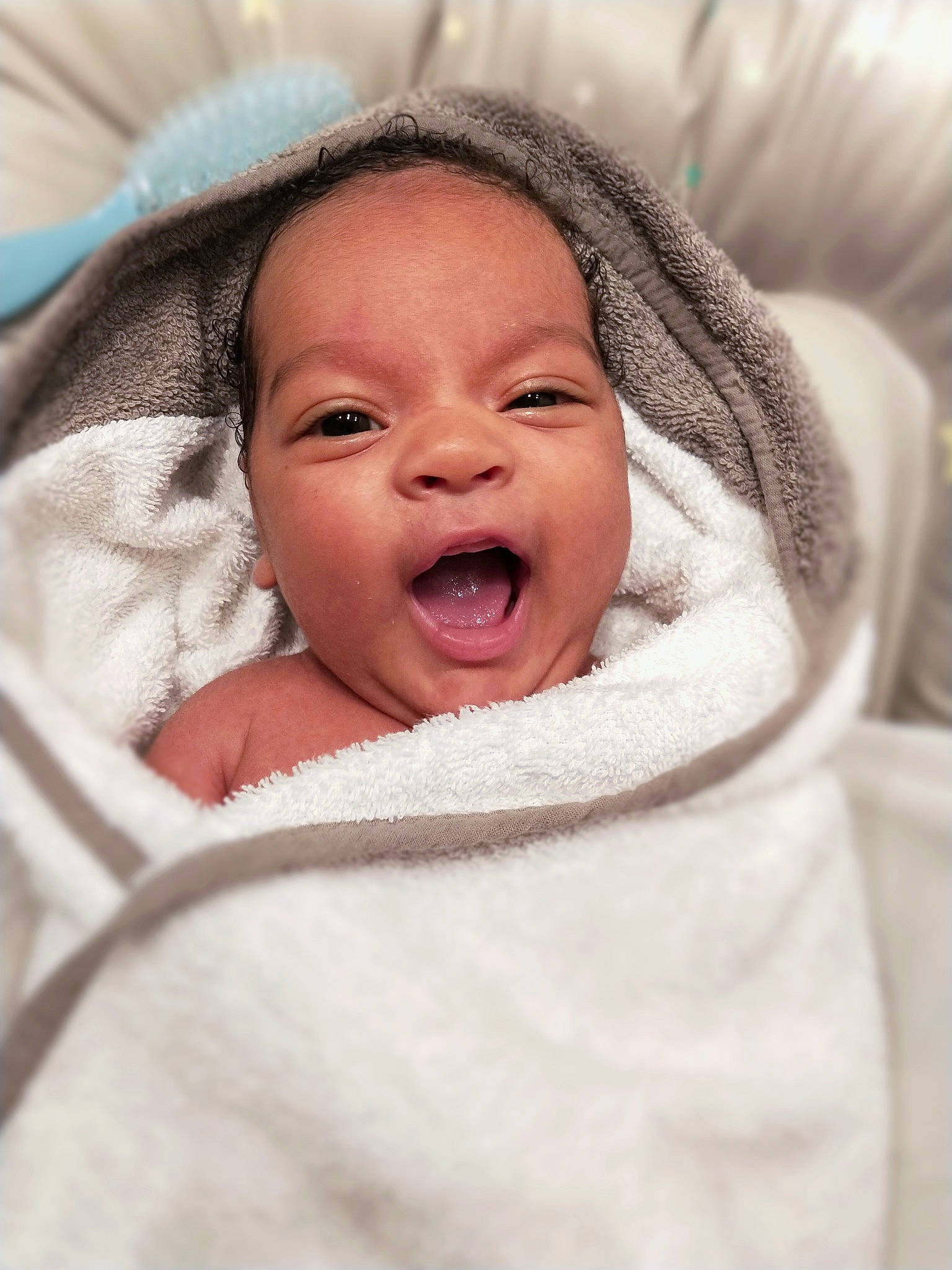 Ayden participe au concours pour gagner de l'argent avec cette photo : baby, cheek, child, comfort, event, eye, eyebrow, face, fun, happy, head, headgear, iris, laugh, linens, mouth, nose, person, smile, toddler