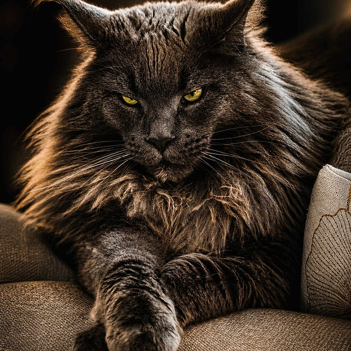 Ruben participe au concours pour gagner de l'argent avec cette photo : cat, fluffy, yellow_eyes, couch, furniture, pet, animal, portrait, close_up, indoor, fur, relaxed, resting, whiskers, paw, texture, moody_lighting, dark_background, majestic, long_hair