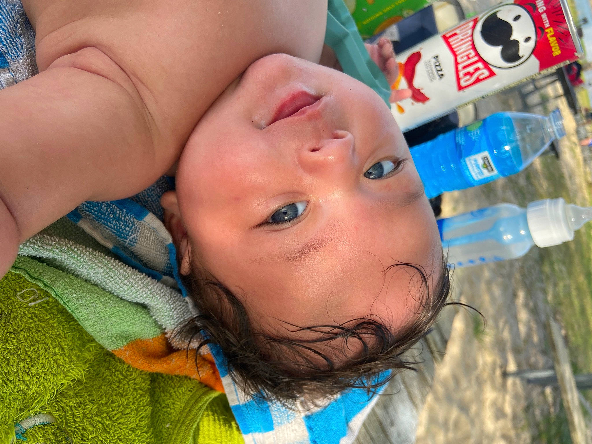 Josiah joined the competition — help win amazing prizes! baby, blue, bottle, cheek, child, drinking_water, drinkware, eyelash, fun, grass, happy, leisure, mouth, nose, person, plastic_bottle, skin, toddler, vacation, water