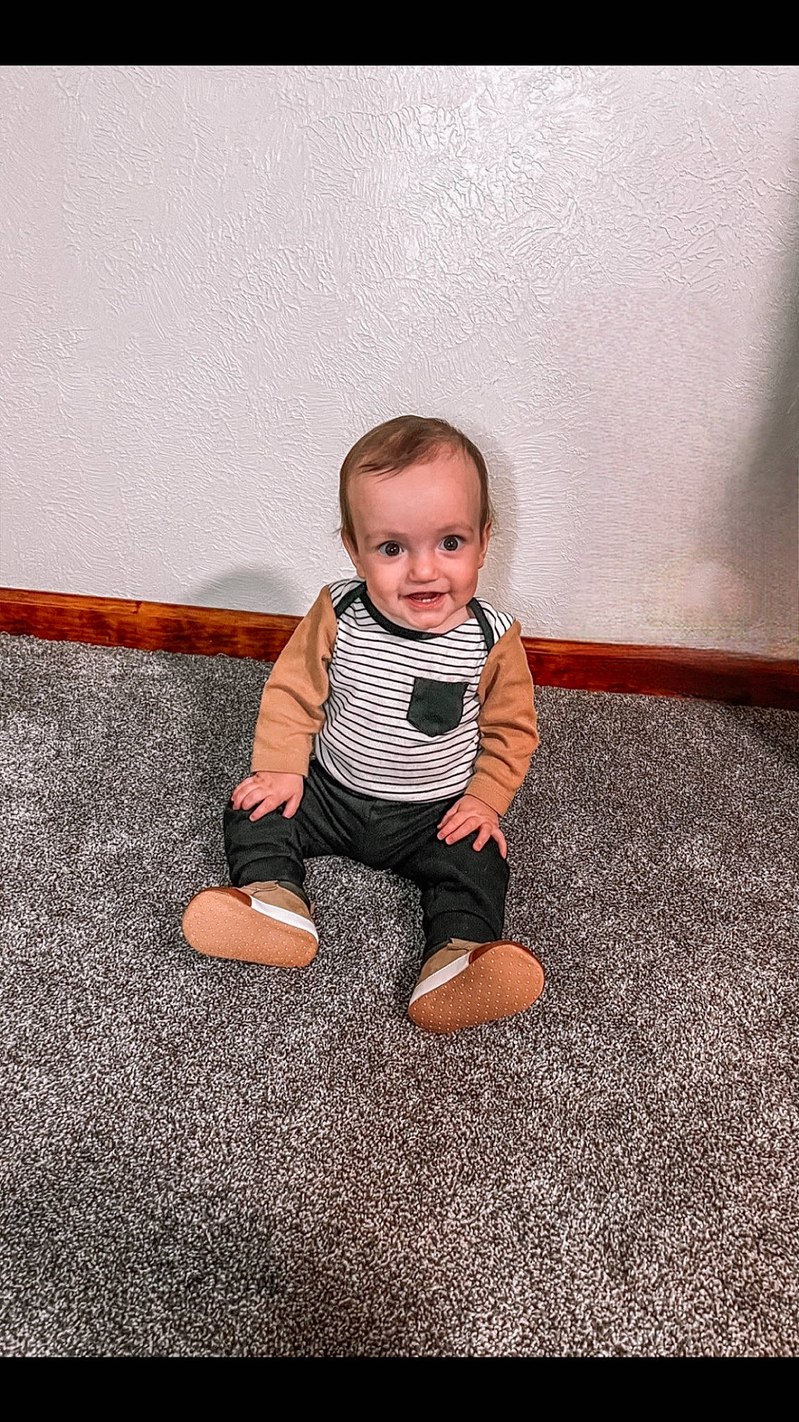 Cooper is registered to the contest to win money with this photo: asphalt, baby, baby_toddler_clothing, crawling, eye, flash_photography, floor, flooring, foot, happy, hardwood, human_leg, joy, knee, pattern, person, road_surface, sleeve, t_shirt, tints_and_shades