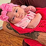 baby, infant, pink_bow, blanket, tattoo, arm, holding, curious, indoors, wooden_floor, clothing, person, cute, headband, portrait, newborn, skin, face, expression, cozy