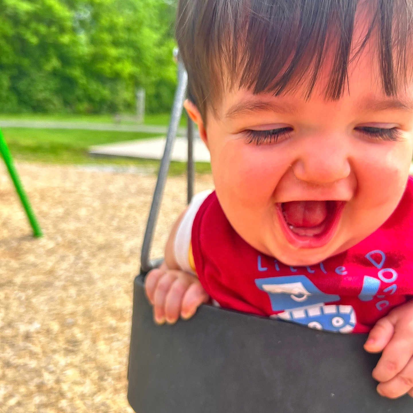 Waylon is registered to the contest to win money with this photo: baby, bodypart, face, grass, happy, head, laughing, mouth, nature, outdoorplayarea, outdoors, park, person, photography, plant, playarea, portrait, swing, toy, tree